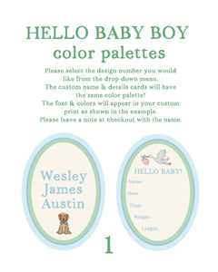 Digital Download: Hello Baby Boy! Set of 2 Custom Baby Name & Birth Details Cards