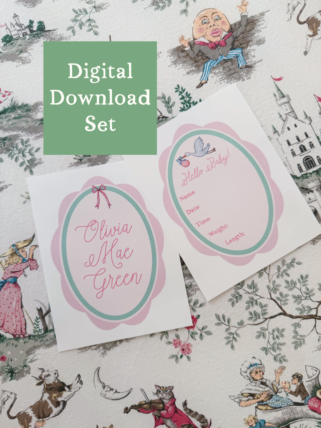 Digital Download: Hello Baby Girl! Set of 2 Custom Baby Name & Birth Details Cards